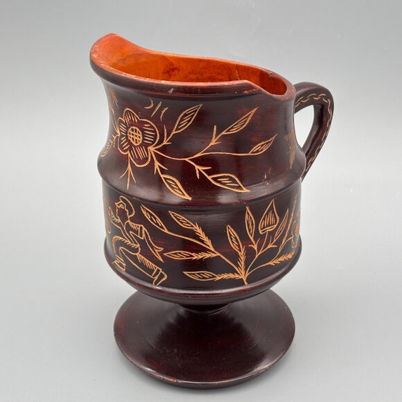 Vintage Hand-Carved Wooden Pitcher with Etched Floral Design on Pedestal Base - Picture 2 of 8
